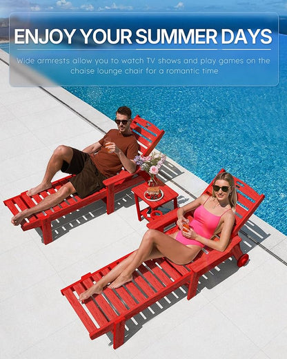 Chaise Lounge Chair Outdoor with Wheels, Oversize Patio Lounge Chairs with Wood Texture, 5-Position Plastic Lounge Chairs Set of 2-Red(Separate Delivery)