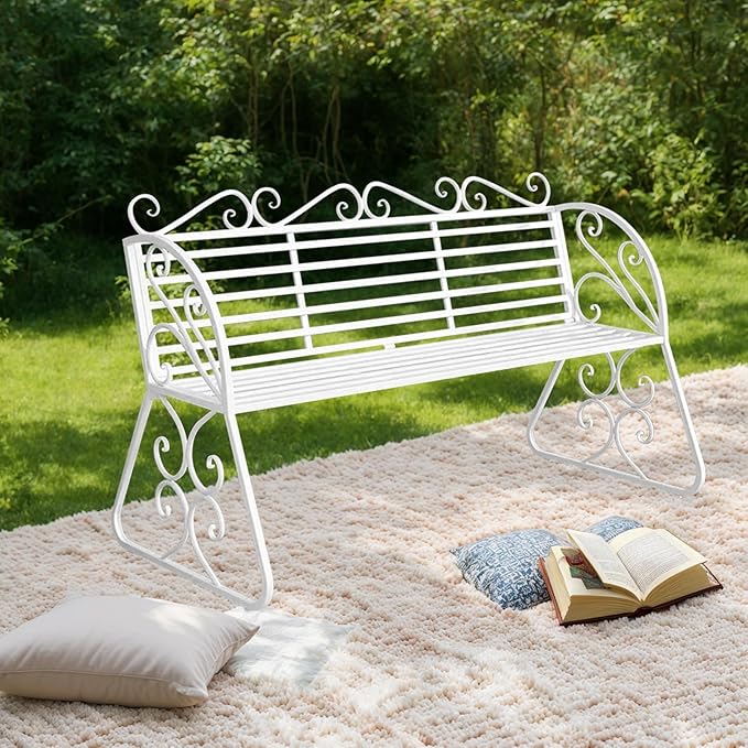 2-Seat Patio Porch Bench 45"，Outdoor Metal Garden Bench，Weather Proof Porch Path Chair，Patio Bench with Backrest and Armrests，Patio Bench for Lawn Path Yard Decor Deck Furniture(White)