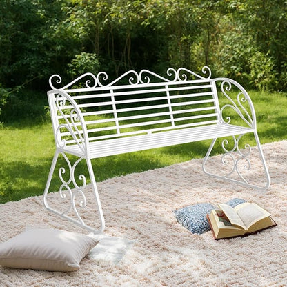 2-Seat Patio Porch Bench 45"，Outdoor Metal Garden Bench，Weather Proof Porch Path Chair，Patio Bench with Backrest and Armrests，Patio Bench for Lawn Path Yard Decor Deck Furniture(White)