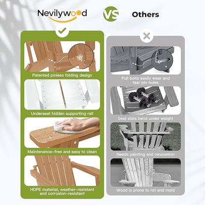 nevilywood Folding Adirondack Chair with Cup Holder Set of 4, HDPE Patio Chairs,All-Weather Outdoor Chairs for Backyard, Deck,Fire Pit-TeakBrown
