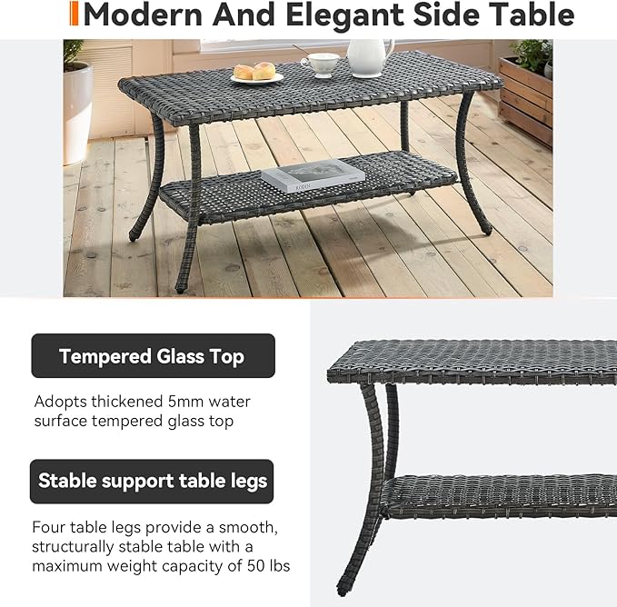 Wicker Outdoor Coffee Table,Rattan Outdoor Coffee Table with 2-Layer Storage Furniture Tables for Garden,Porch,Backyard