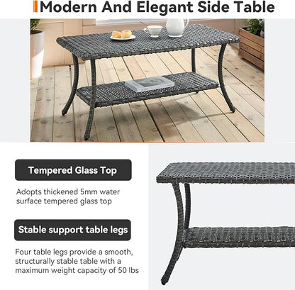 Wicker Outdoor Coffee Table,Rattan Outdoor Coffee Table with 2-Layer Storage Furniture Tables for Garden,Porch,Backyard