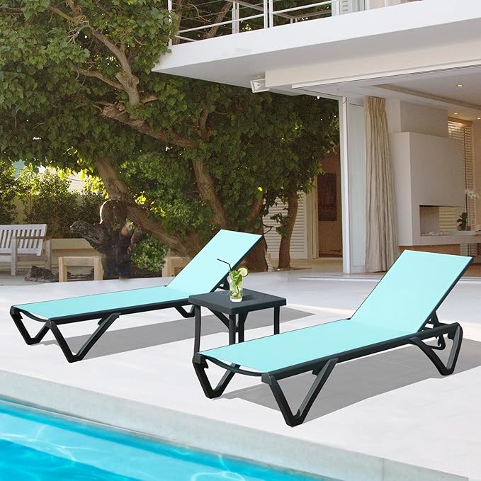 Domi Patio Lounge Chairs Set of 3, Aluminum Pool Chaise Lounge with Side Table,5 Position Adjustable Backrest and Wheels, Lounge Chairs for Pool, Garden, Beach, Backyard, Turquoise Blue