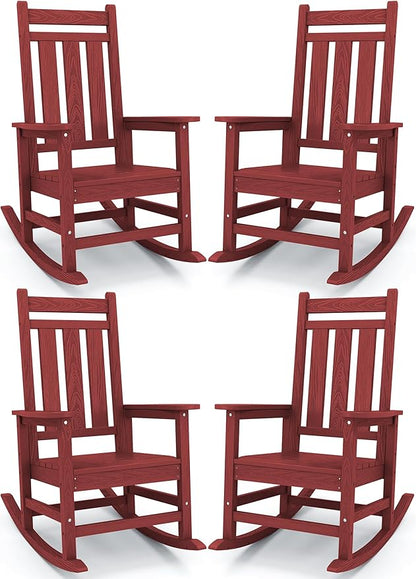 KINGYES Oversized Outdoor Rocking Chair Set of 4, All-Weather Patio Rocking Chairs for Porch, HDPE Outdoor Patio Rockers with High Back & Wide Seat for Garden, Lawn, Red
