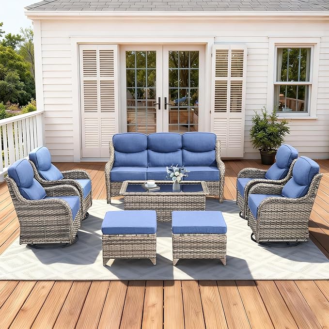 Luxury High Back Patio Furniture Set with 6-Inch Thick Cushions, 8-Pieces Outdoor Furniture with Swivel Chairs - Photo 1