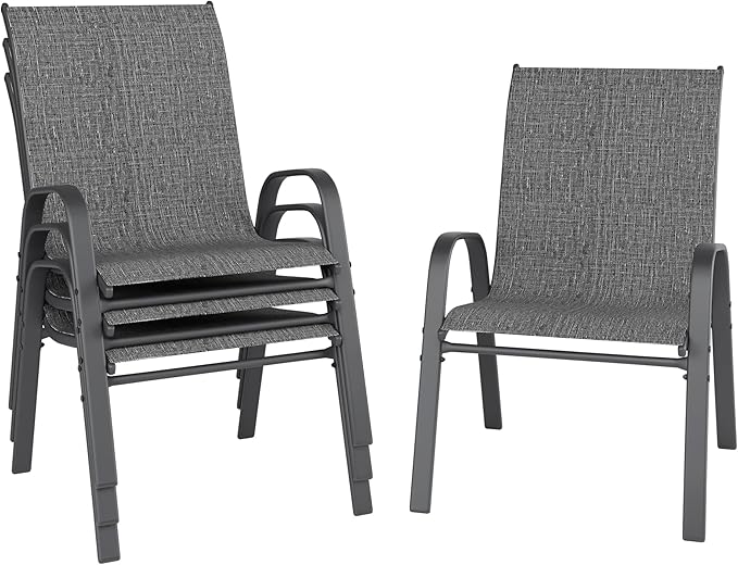 Patio Chairs, Stackable Outdoor Dining Chairs for All Weather, Metal Modern Outside Furniture Chair for Pool Side, Garden, Backyard Deck, Set of 4, Dark Grey
