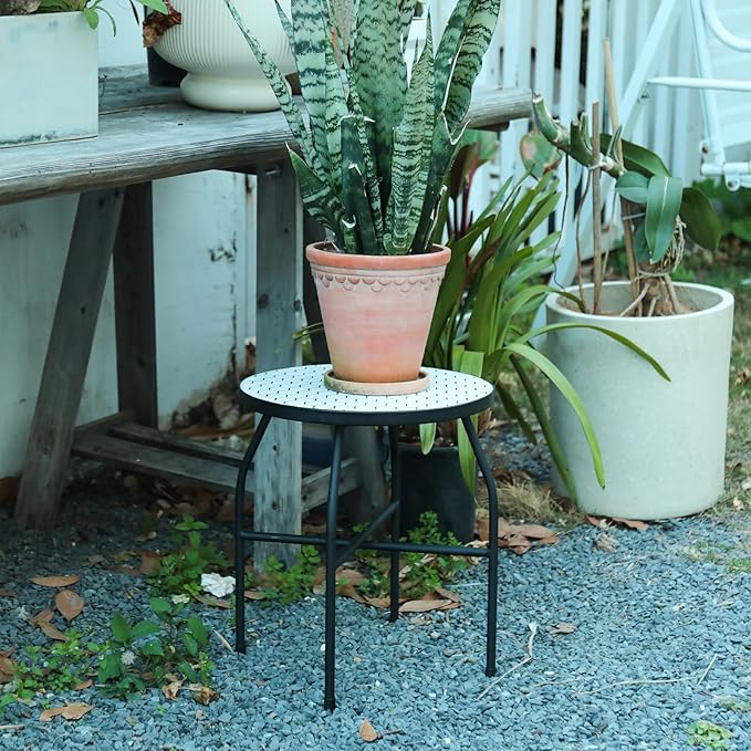 VCUTEKA Mosaic Outdoor Side Table - Small Patio Table Coffee Outside Accent Tables Round End Plant Tables for Bistro Balcony Porch Outdoor Benches 14'' White