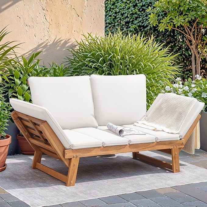 Devoko Outdoor Couch Acacia Wood Patio Couch with Adjustable Armrests - Photo 1