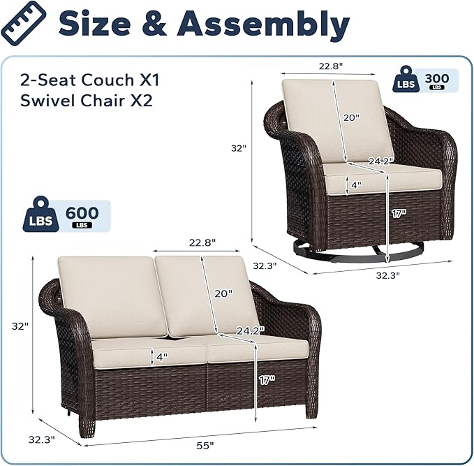 3 Pieces Patio Conversation Set, 55" Sofa with Washable Cushions, Wicker 360 Degree Swivel Glider Rocker Chairs - Photo 2