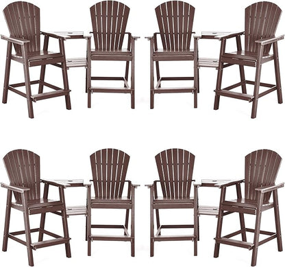 Tall Adirondack Chairs Set of 8, HDPE Balcony Chair with Double Connecting Tray, Weather Resistant Outdoor Adirondack Bar Stools for Patio, Deck, Patio, Backyard, Balcony. (Brown)