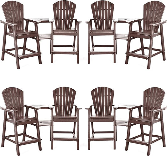 Tall Adirondack Chairs Set of 8, HDPE Balcony Chair with Double Connecting Tray, Weather Resistant Outdoor Adirondack Bar Stools for Patio, Deck, Patio, Backyard, Balcony. (Brown)
