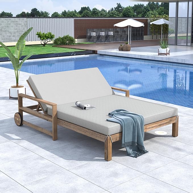 Farmhouse Wooden Outdoor Sunbed, Ultimate Relaxation Patio Daybed Seating with Adjustable Backrest and Movable Wheels - Photo 8