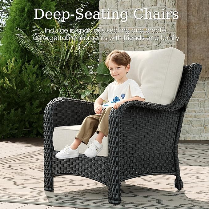 7 Piece Patio Furniture Set with Fire Pit Table, All-Weather Wicker Outdoor Conversation Set with Rattan Chair and 6 Inch Thick Cushions