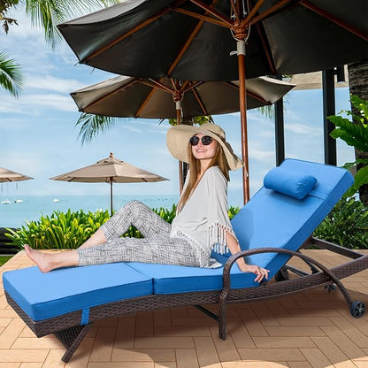 NOBLEMOOD Outdoor Lounge Chairs Set of 4 Beach Wicker Chaise Lounge with Wheels, Cushion, Adjustable Backrest for Outside Pool Sun Shelf Tanning Bathing (Blue)