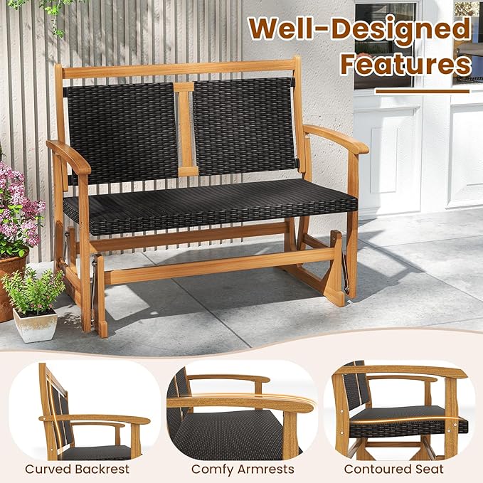 RELAX4LIFE Wooden Outdoor Glider Bench - 2-Person Wicker Rattan Swing Gliding Rocker Chair w/Acacia Wood Armrests, Wicker Back & Seat, Rocking Patio Loveseat for Porch Backyard Pool Garden (45.5'')