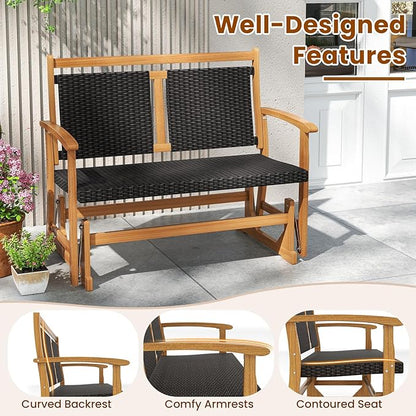 RELAX4LIFE Wooden Outdoor Glider Bench - 2-Person Wicker Rattan Swing Gliding Rocker Chair w/Acacia Wood Armrests, Wicker Back & Seat, Rocking Patio Loveseat for Porch Backyard Pool Garden (45.5'')