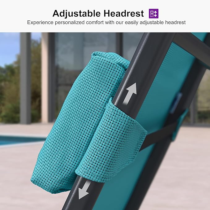 PURPLE LEAF Patio Lounge Chair Set Outdoor Chaise Lounger Aluminum Frame with Armrest 2 Side Table and Wheels for Pool Outside Sunbathing Tanning Recliner Including Pillows Turquoise Blue
