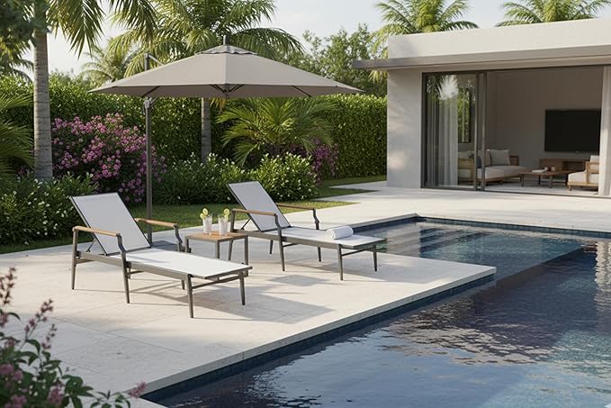 PURPLE LEAF Outdoor Chaise Lounge Chair Set of 2 Patio Pool Lounger Aluminum Chairs with Wooden Armrest Sunbathing Tanning Recliner for Outside Backyard White