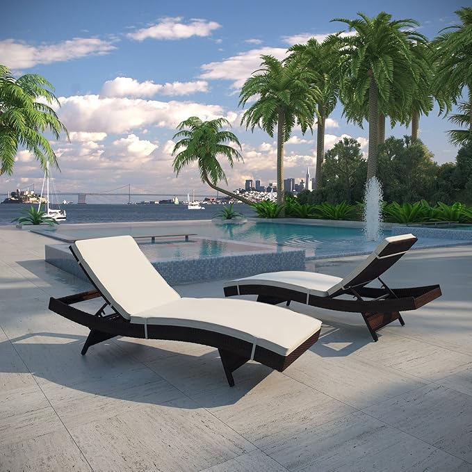Modway Peer Wicker Rattan Outdoor Patio Two Chaise Lounge Chairs with Cushions in Brown White