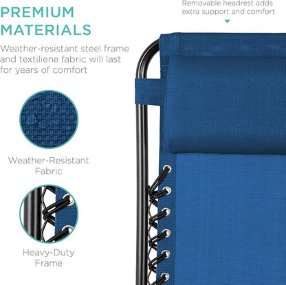 Best Choice Products Set of 2 Adjustable Steel Mesh Zero Gravity Lounge Chair Recliners w/Pillows and Cup Holder Trays - Marine Blue/Black