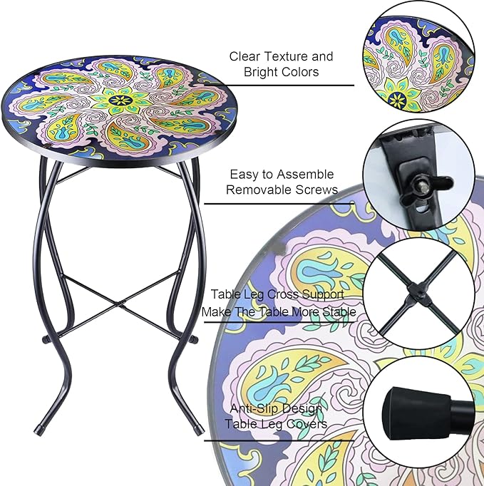 12 Inch Small Outdoor Side Table with Purple Flower, Glass Mosaic Patio Table Indoor - Photo 4
