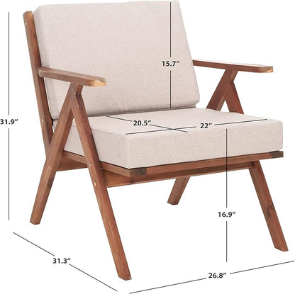 SAFAVIEH Outdoor Collection Dryad Mid-Century Modern Natural/Light Grey Solid Wood Chair with Cushion, Ideal for Deck, Patio, Backyard, Sunroom