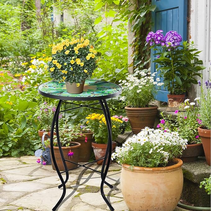 VCUTEKA Outdoor Side Table Mosaic End Patio Side Table Small End Tables Glass Top Round Balcony Coffee Tables Porch - Photo 5