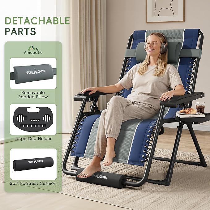 Amopatio Zero Gravity Reclining Patio Chair XXL Foldable Lounge Chair with Removable Cup Holder/Headrest/Footrest 500LBS Capacity Portable for Outdoor Patio Pool Backyard,Blue-Gray