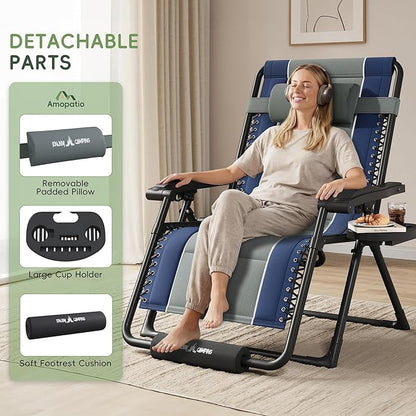 Amopatio Zero Gravity Reclining Patio Chair XXL Foldable Lounge Chair with Removable Cup Holder/Headrest/Footrest 500LBS Capacity Portable for Outdoor Patio Pool Backyard,Blue-Gray