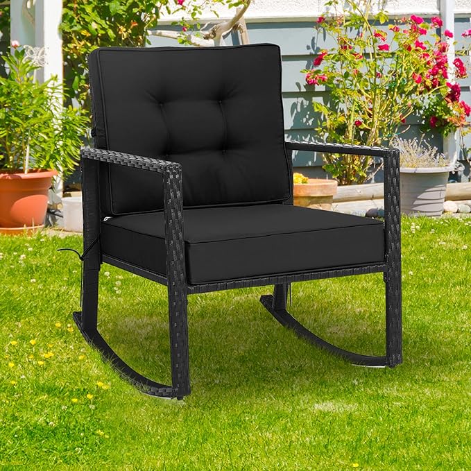 Tangkula Wicker Rocking Chair, Outdoor Glider Rattan Rocker Chair with Heavy-Duty Steel Frame, Patio Wicker Furniture Seat with 5” Thick Cushion for Garden, Porch, Backyard, Poolside (2, Black)