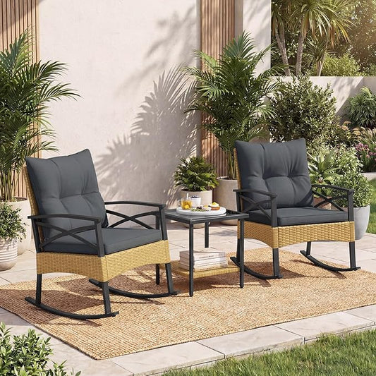 Tangkula 3 Pieces Outdoor Rocking Chairs Set, Rattan Heavy Duty Cushioned Rocker Chairs with 2-Tier Tempered Glass Coffee Table, for Garden, Balcony, Backyard (Yellow+Gray)