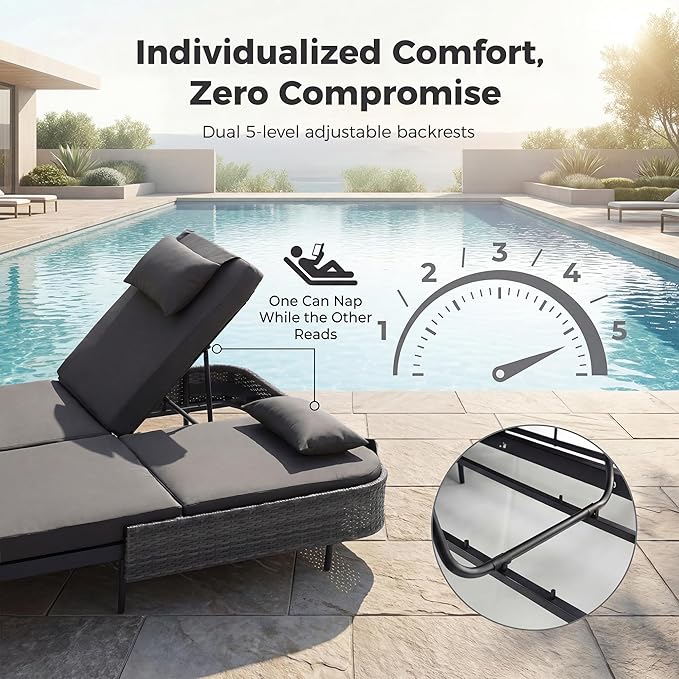 BULEXYARD 51.2" Double Chaise Lounge Outdoor, 2-Person PE Wicker Patio Daybed with Dual 5-Position Adjustable Backrest - Photo 5