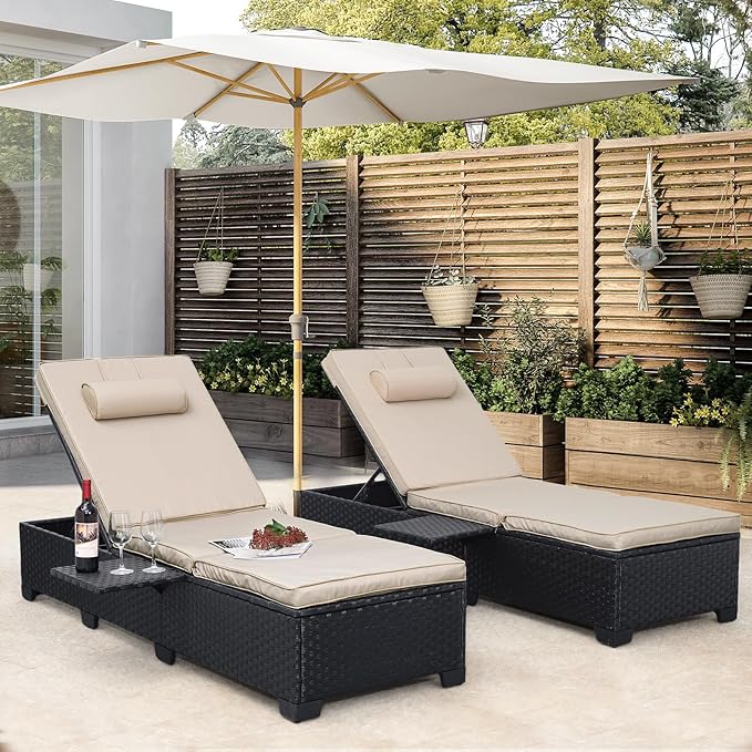 WAROOM Outdoor Chaise Lounge Chairs for Outside Patio Furniture Set of 2 Wicker Recliner Black Rattan Sunbathing - Photo 1