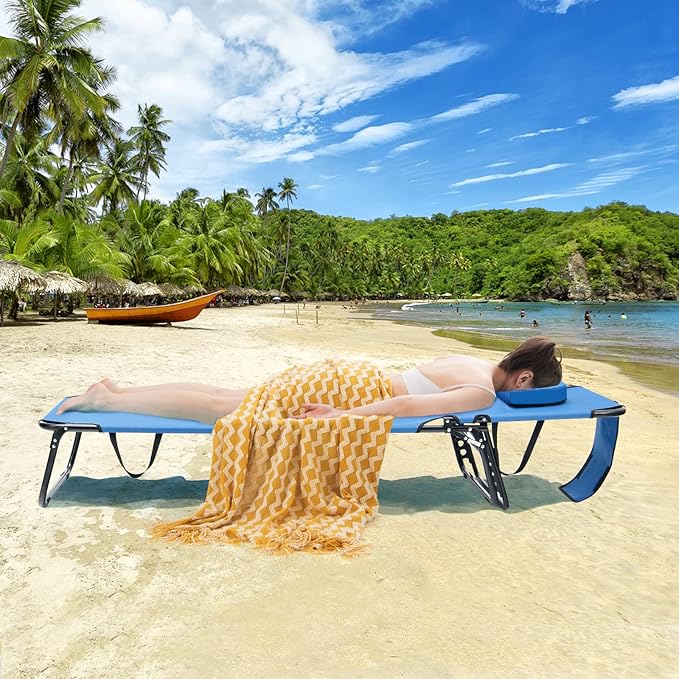 GYMAX Tanning Chair, 330lbs Beach Lounge Chair with Face Hole, Washable Pillow & Carry Strap, Adjustable Folding Chaise Lounge, Layout Lounger for Outside, Patio, Poolside, Lawn (1, Blue)