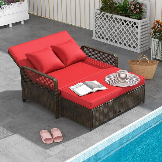 LDAILY Moccha Outdoor Daybed, PE Rattan Double Chaise Lounge w/ 4-Level Adjustable Back, Storage Ottoman, Cushions & Pillows, Separated Seating, Wicker Sunbed for Garden Patio Furniture Set (Red)