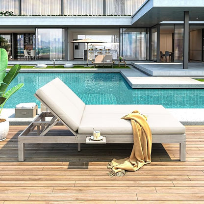 Merax Double Chaise Lounge Outdoor with 5-Position Adjustable Backrest, Outside Lounge Chair with 4" Cushion and Folding Side Trays for 2 People, Wood Patio Chaise Lounge for Pool Garden, Grey