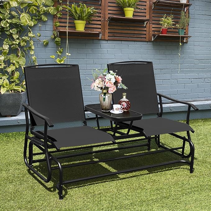 Giantex Patio Bench Glider Chair with Metal Frame, Center Tempered Glass Table, Outside Double Rocking Swing Loveseat for Porch, Garden, Poolside, Balcony, Lawn Rocker Outdoor Glider Bench(Black)