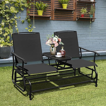 Giantex Patio Bench Glider Chair with Metal Frame, Center Tempered Glass Table, Outside Double Rocking Swing Loveseat for Porch, Garden, Poolside, Balcony, Lawn Rocker Outdoor Glider Bench(Black)