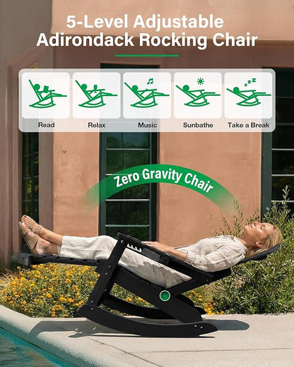 YEFU Outdoor Rocking Chairs Set of 2, Adirondack Chair with Retractable Ottoman, Adjustable Adirondack Rocking Chair,Rockings Chairs Outside,Weather Resistant,for Patio,Porch,Lawn,Heavy Duty,Black