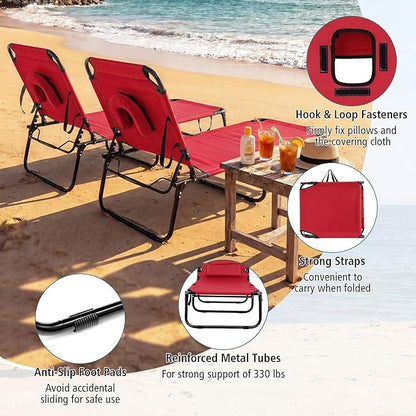 Tangkula Beach Lounge Chair, Folding Sunbathing Recliner with Face Hole, Face Down Tanning Chair with 4-Level Adjustable Backrest & 3 Removable Pillows, Chaise Lounge Chair for Patio (2, Red)