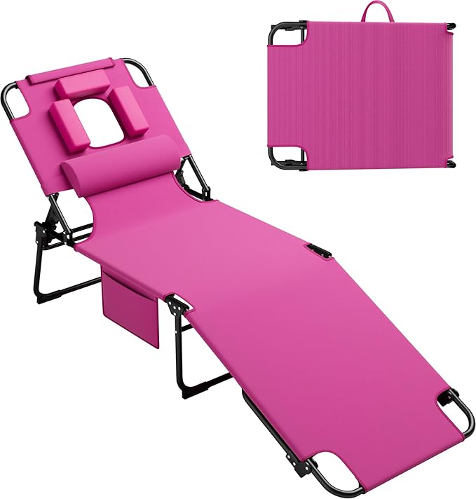 400lbs Tanning Chair, 5-Fold Beach Lounge Chair with Face Hole & 2 Side Pockets, Non-Slip Foot & Portable Handle - Photo 1