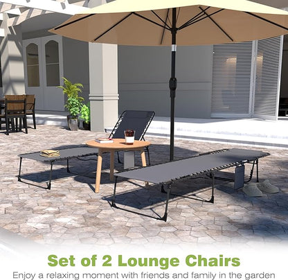 BlueWish 2 Pack Patio Chaise Lounges, Folding Lounge Chair with Adjustable Backrest, Outdoor Chaise Lounge with Removable Pillow & Side Pockets for Poolside, Beach, Garden, Grey