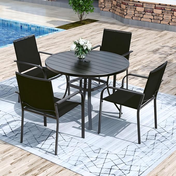 Round Outdoor Dining Table, 41-inch All-Weather Patio Table with Adjustable Umbrella Hole for Deck Lawn Garden Backyard Balcony Deck, Black Metal Frame Slatted Tabletop