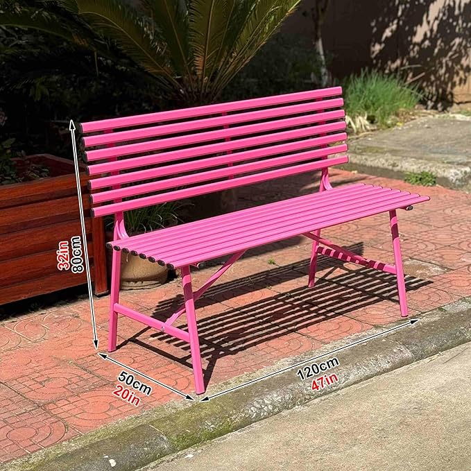 Metal Garden Bench, Patio Bench, Outdoor Benches, Porch Bench, Front Porch Bench, Outdoor Garden Bench, Sturdy and Weather-Resistant, for Porch, Lawn, Garden and Patio(Pink)