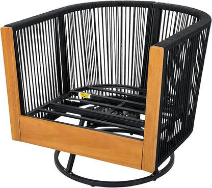 Merax Outdoor Swivel Chair, 360-Degree Rotation, Natural Acacia Wood with Handwoven Black Rope Design and Seat Cushion, Metal Swivel Base, Weather-Resistant Chair for Patio Garden Balcony