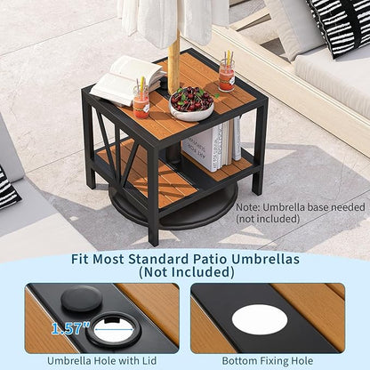 Tangkula Outdoor Side Table with 1.57” Umbrella Hole, 2-Tier Patio Metal End Table with Storage Shelf, Small Bistro Coffee Table for Porch, Balcony, Garden and Backyard (1)