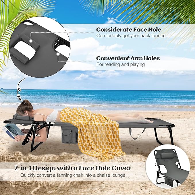 GYMAX Tanning Chair, Folding Lounger with Face/Arm Holes, Carry Handles & Side Pocket - Photo 4