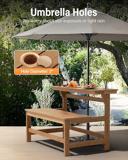 YEFU Convertible Bench Picnic Table: HIPS Convert a Bench with Umbrella Hole - Foldable Space-Saving Picnic Outdoor Benches for Outside Patio Porch Backyard Park Garden Teak