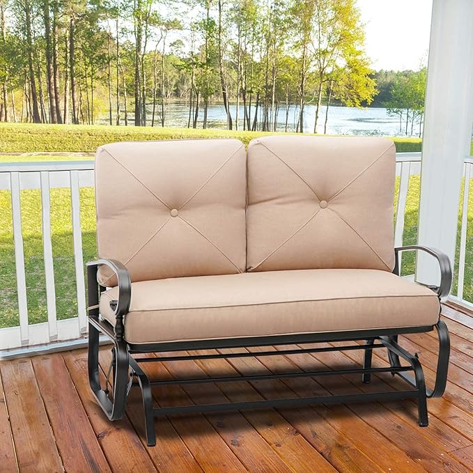 Patio Bench, Porch Glider Outdoor Swing Glider Rocking Loveseat, Steel Frame Chair with Thick Cushion (Brown)