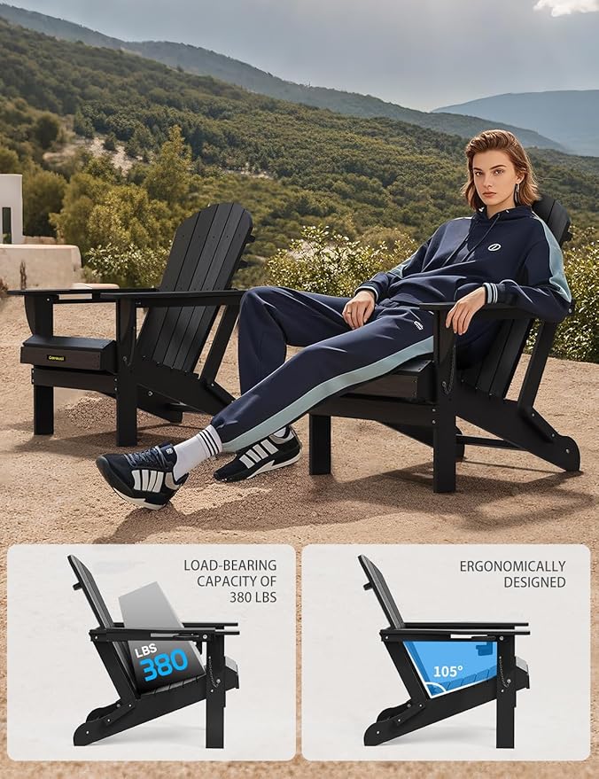 Plastic HDPE Adirondack Chair,Set of 2,Folding Adirondack Chair Weather Resistant with Cup Holder, Wooden Textured Fire Pit Outdoor Chair for Garden, Porch, Lawn, Backyard, Supports 380LBS, Black